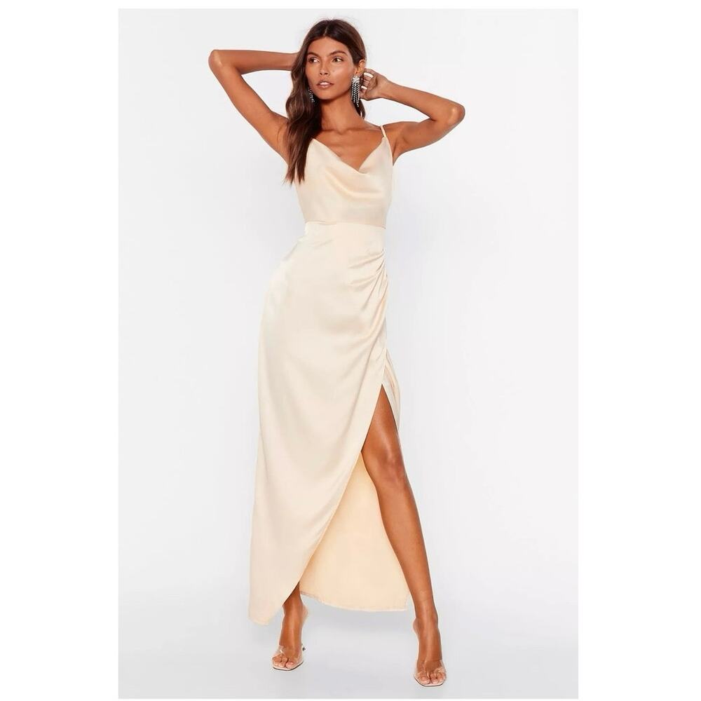 NWT Nasty Gal Champagne Cowl Play Satin Midi Dress Size 8 FLAWED
